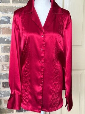 Emma James Red Satin Button-Front Blouse Tux Stripe Wide Cuff Sz 18W